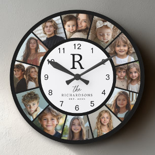 Custom Family Monogram Name Year 12 Photo Collage Large Clock