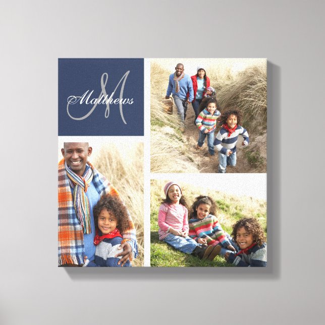 Custom Family Monogram Photo Collage Canvas Print (Front)