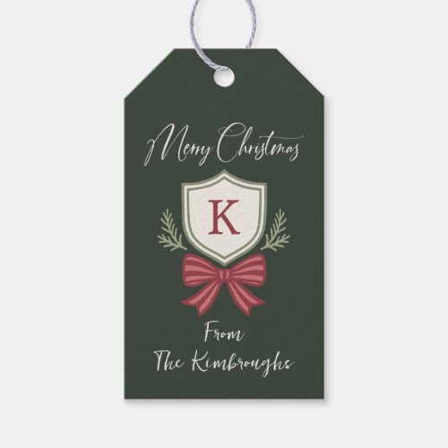 Custom Family Monogram Striped Bow Merry Christmas Gift Tags