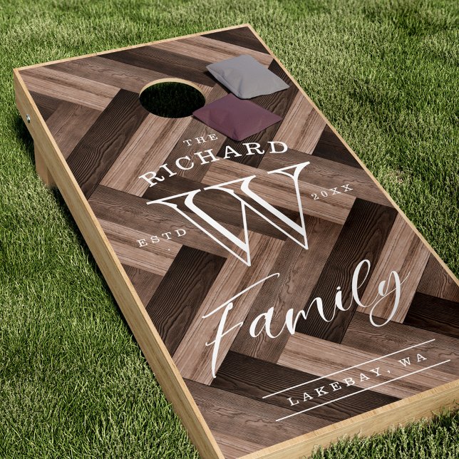 Custom Family Monogram Wood Herringbone Pattern Cornhole Set (Creator Uploaded)