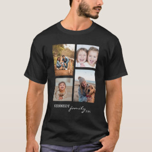 Custom Family Name 4 Photo Collage Black T-Shirt