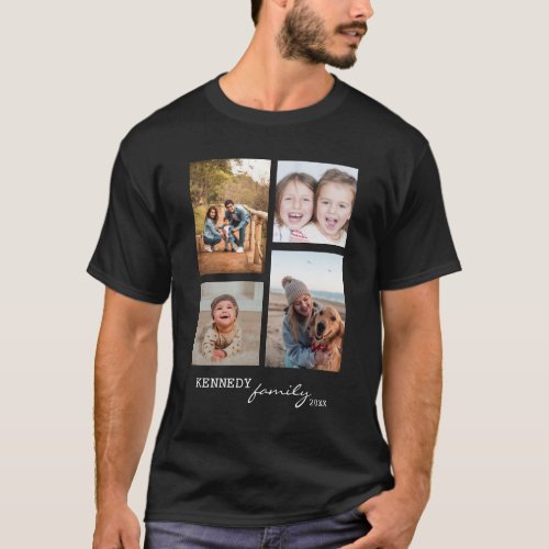 Custom Family Name 4 Photo Collage Black T_Shirt