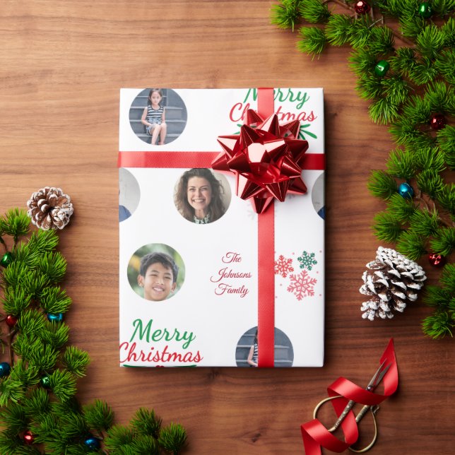 Custom Family Name 4 Photo Collage Funny Christmas Wrapping Paper (Holiday Gift)