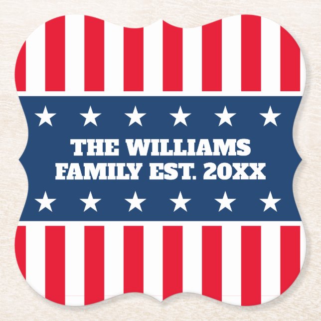 Custom family name 4th of July party celebration Paper Coaster (Front)