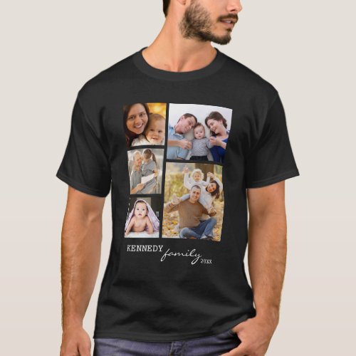 Custom Family Name 5 Photo Collage Black T_Shirt