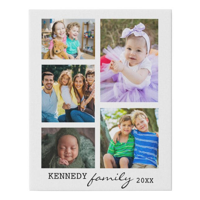 Custom Family Name 5 Photo Collage White Faux Canvas Print (Front)