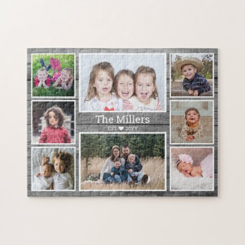 Custom Family Name 8 Photo Collage Gray Wood Jigsaw Puzzle