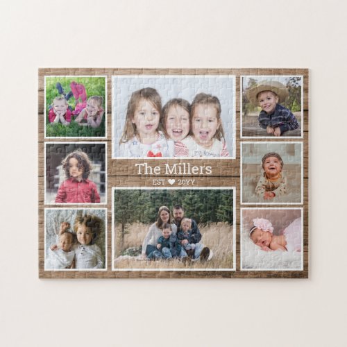 Custom Family Name 8 Photo Collage Rustic Wood Jigsaw Puzzle
