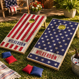 Custom Family Name American Flag Distressed Wood Cornhole Set