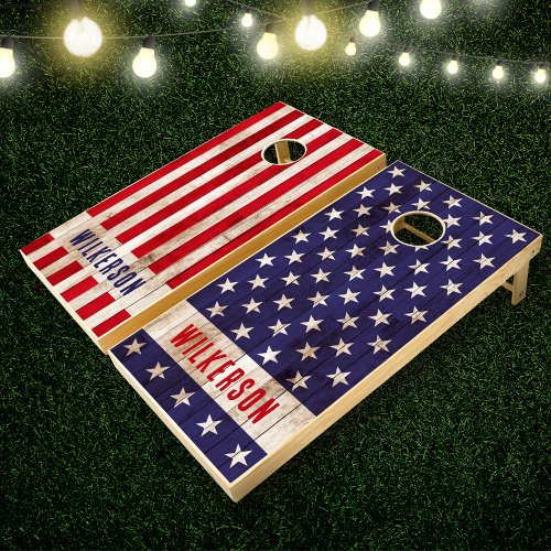 Custom Family Name American Flag Distressed Wood Cornhole Set