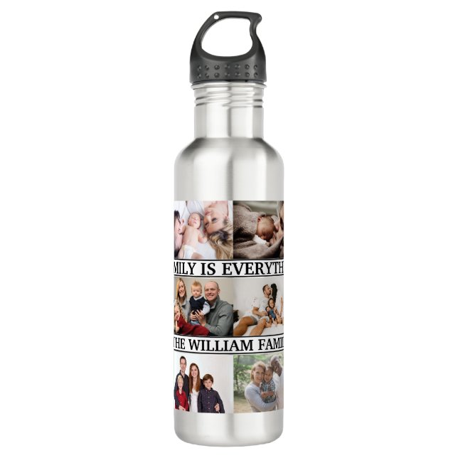 Custom family name and 12 Photo Collage family Stainless Steel Water Bottle (Front)