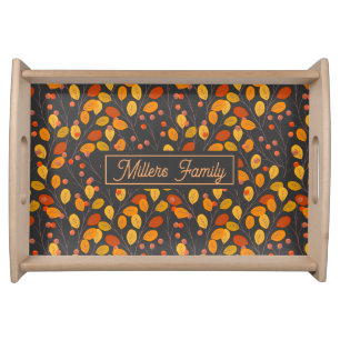 Custom Family Name Autumn Leaves Wooden Serving Tray