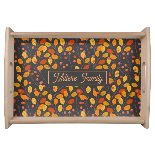 Custom Family Name Autumn Leaves Wooden Serving Tray (Front)