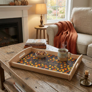 Custom Family Name Autumn Leaves Wooden Serving Tray