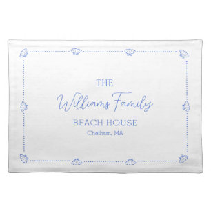 Custom Family Name Beach House Coastal Blue Shell Cloth Placemat