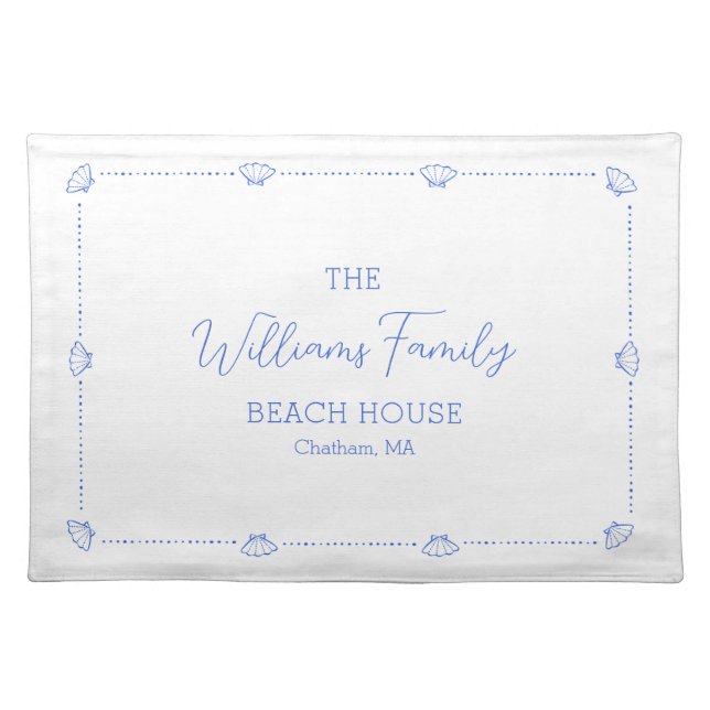 Custom Family Name Beach House Coastal Blue Shell Cloth Placemat (Front)