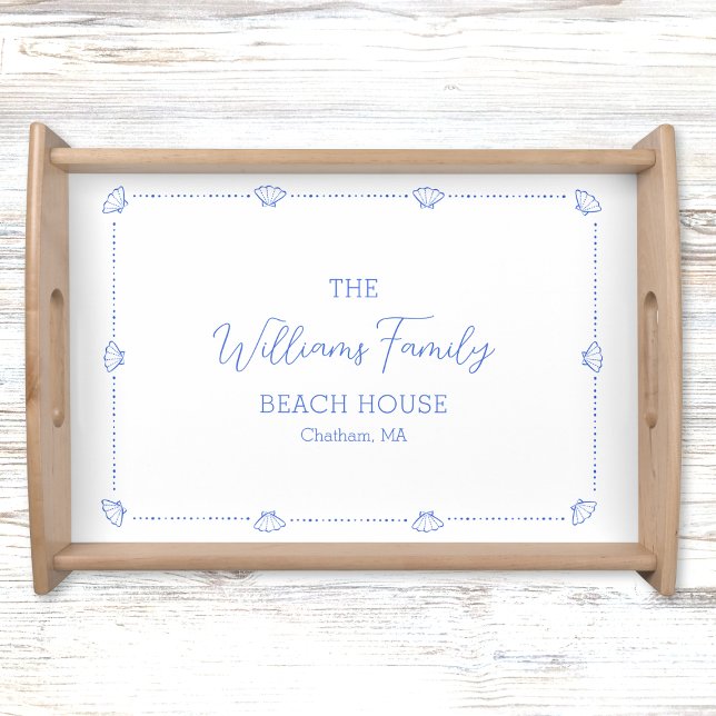 Custom Family Name Beach House Coastal Blue Shell Serving Tray (Creator Uploaded)