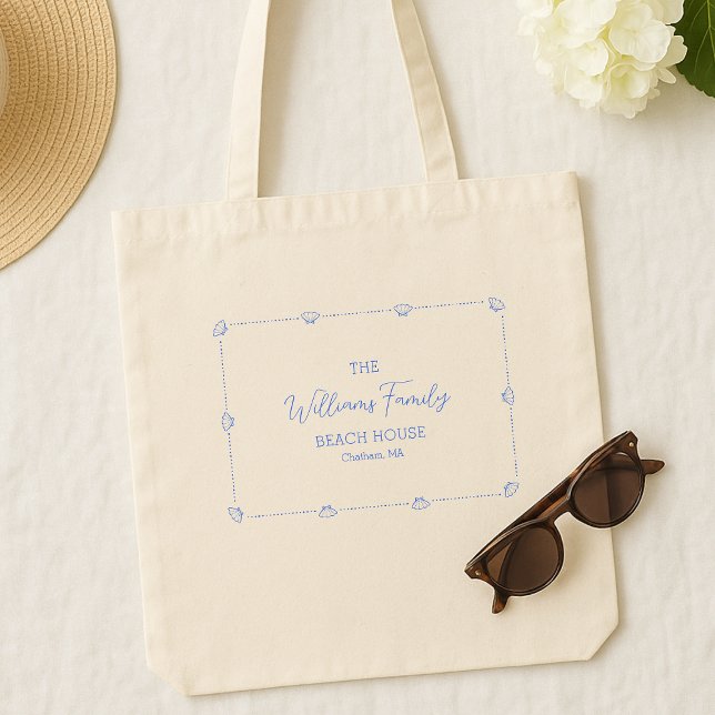 Custom Family Name Beach House Coastal Blue Shell Tote Bag (Creator Uploaded)