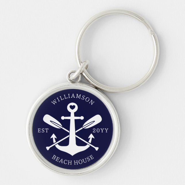 Custom Family Name Beach House Nautical Navy Blue Keychain (Front)
