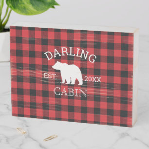 Custom Family Name Bear Buffalo Check Rustic Wooden Box Sign