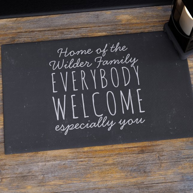 Custom Family Name Black and White Welcome Doormat (Everybody is welcome at your door. Just add your family name to this rustic chalkboard vibe doormat)