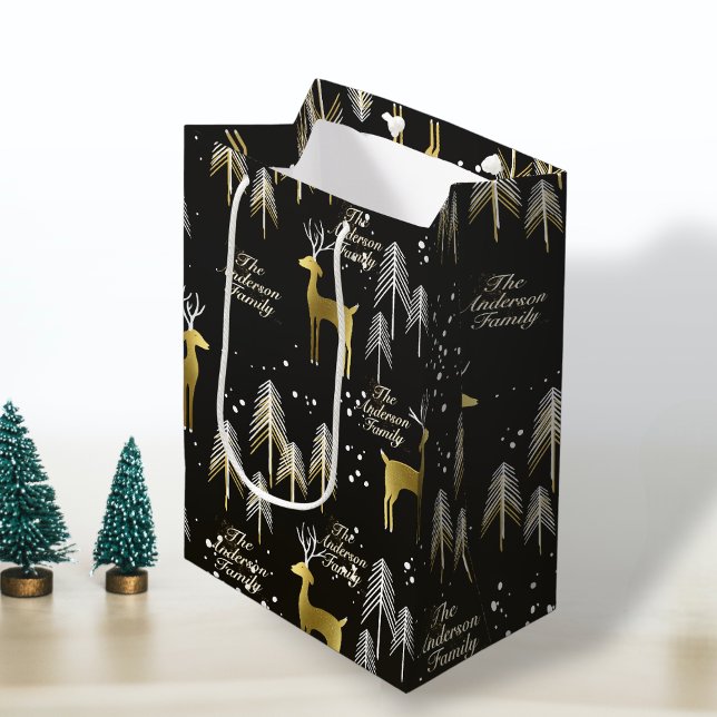 Custom Family Name Black Gold Reindeer Christmas Medium Gift Bag (Creator Uploaded)