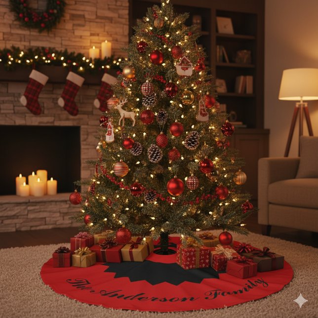 Custom Family Name Black Red Christmas Tree Skirt (Custom Family Name Black Red Christmas Tree Skirt)