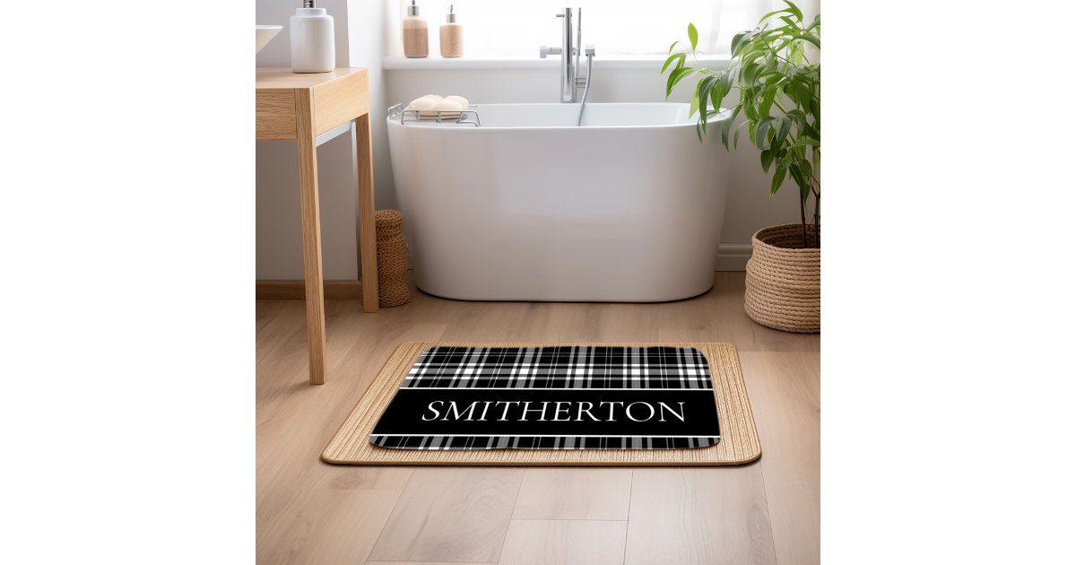 Custom Family Name Black White Buffalo Plaid Bath Mat Zazzle