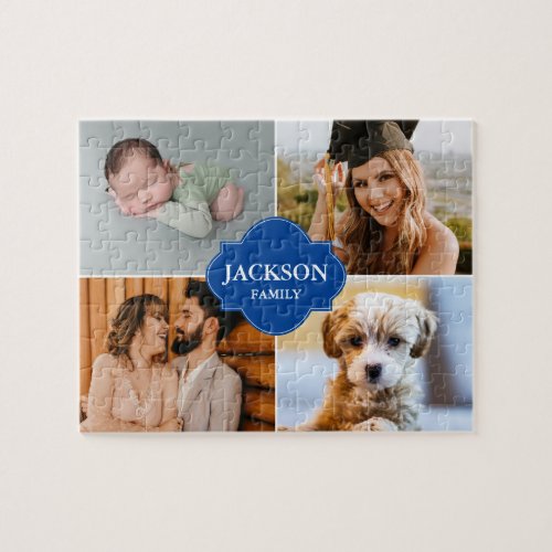 Custom Family Name Blue Photo Collage Jigsaw Puzzle