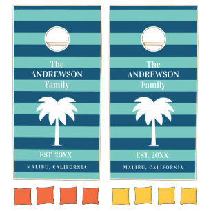 Custom family name blue stripe palm tree garden cornhole set