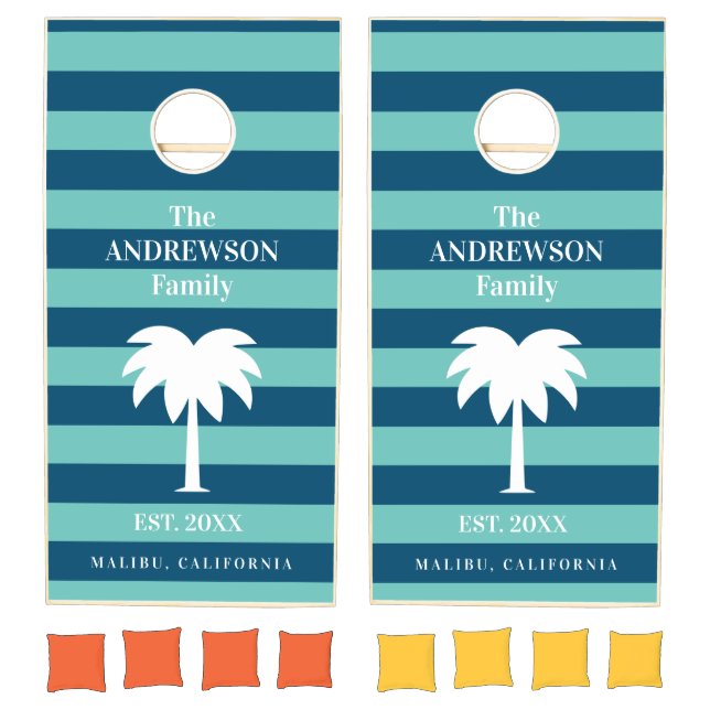 Custom family name blue stripe palm tree garden cornhole set (Set)