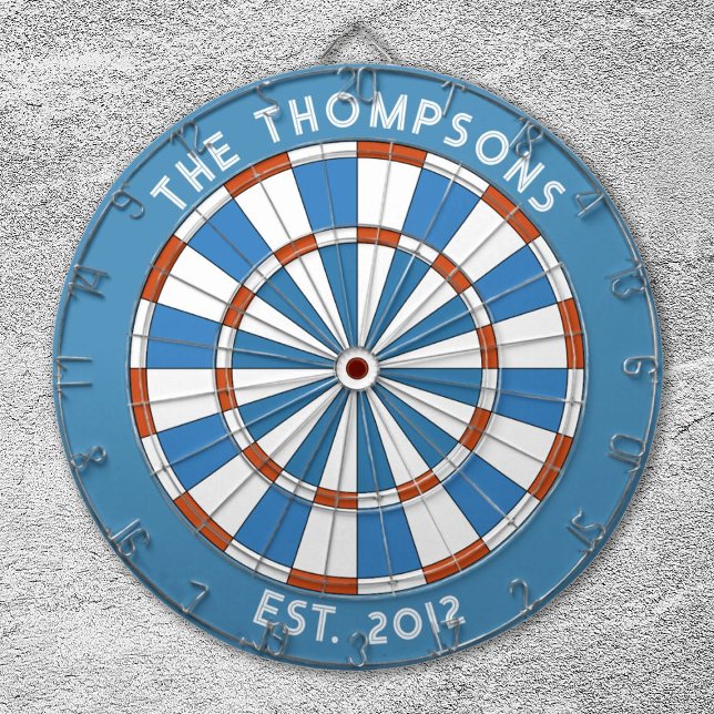 Custom Family Name Blue White Dartboard (A modern sporty blue and white dart board. Great Father's Day gift. Perfect for a game room.)