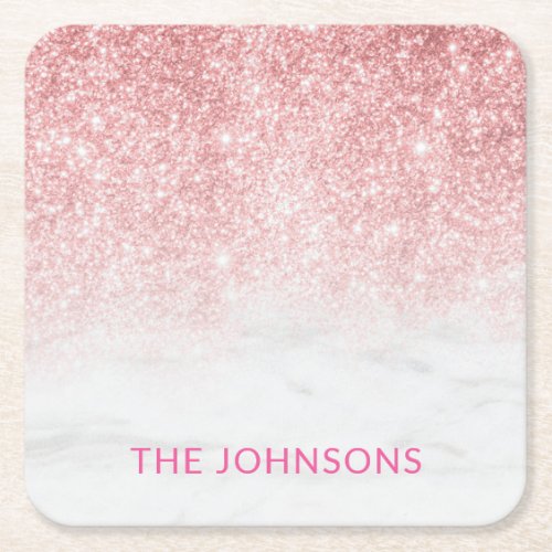 Custom Family Name Blush Glitter Marble Coaster