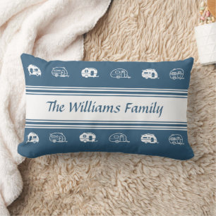 Custom Family Name Campers in Blue and White  Lumbar Pillow