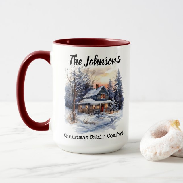 Custom Family Name Christmas Cabin Comfort Mug (With Donut)