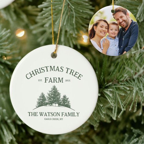 Custom Family Name Christmas Tree Farm Photo Ceramic Ornament