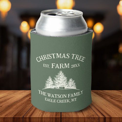 Custom Family Name Christmas Tree Farm Retro Can Cooler