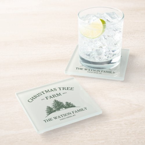 Custom Family Name Christmas Tree Farm Retro Glass Coaster