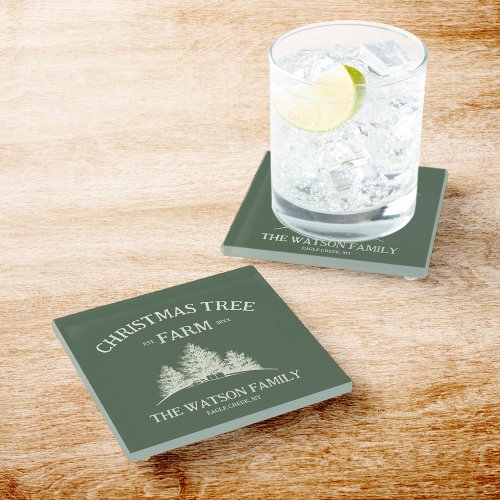 Custom Family Name Christmas Tree Farm Retro Glass Coaster