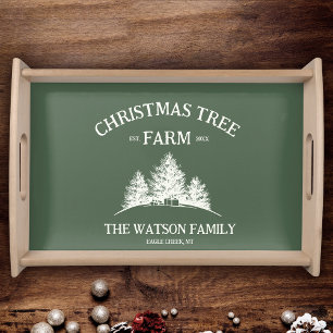 Custom Family Name Christmas Tree Farm Retro Serving Tray
