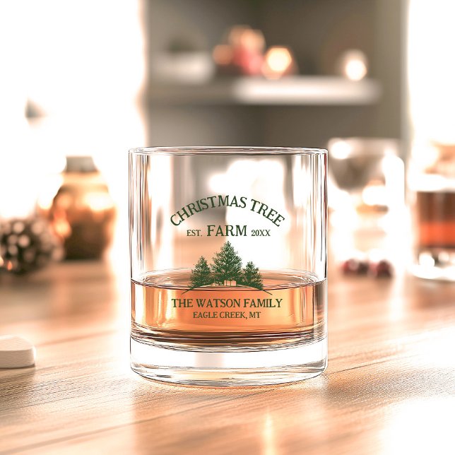 Custom Family Name Christmas Tree Farm Retro Whiskey Glass (Creator Uploaded)