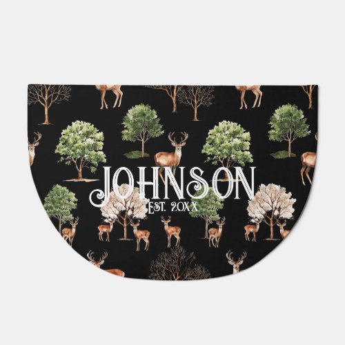 Custom Family Name Deer Trees Black Doormat