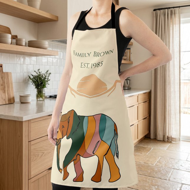 Custom Family Name Elephant Boho Mid Century Gift Apron (Custom Family Name Elephant Boho Mid Century Gift Apron)