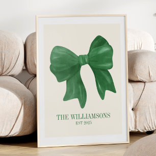 Custom Family Name Est Date Coquette Green Bow Poster