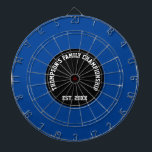 Custom Family Name Established Date Black and Blue Dart Board<br><div class="desc">Personalize your dart board with your family name and established year.
Perfect for fun family championship game nights!
The dart board is blue color with black center for a stylish modern look.</div>