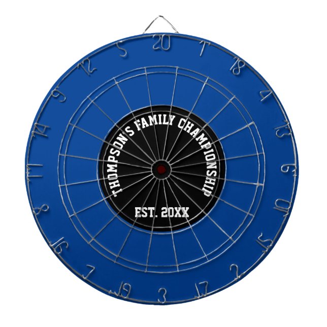 Custom Family Name Established Date Black and Blue Dart Board (Front)