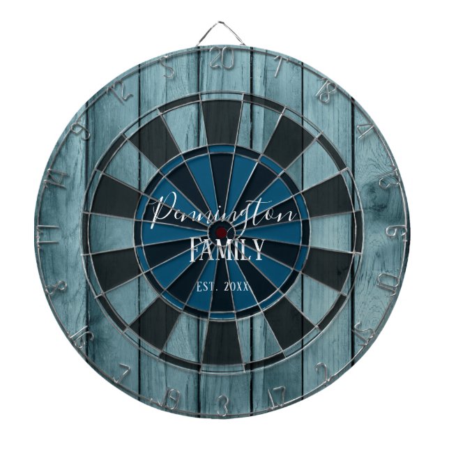 Custom Family Name Established Date Blue Wood Dart Board (Front)
