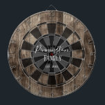 Custom Family Name Established Date Dart Board<br><div class="desc">Faux wooden background with monogram and family name in center of the board. Other colors available in the shop.</div>