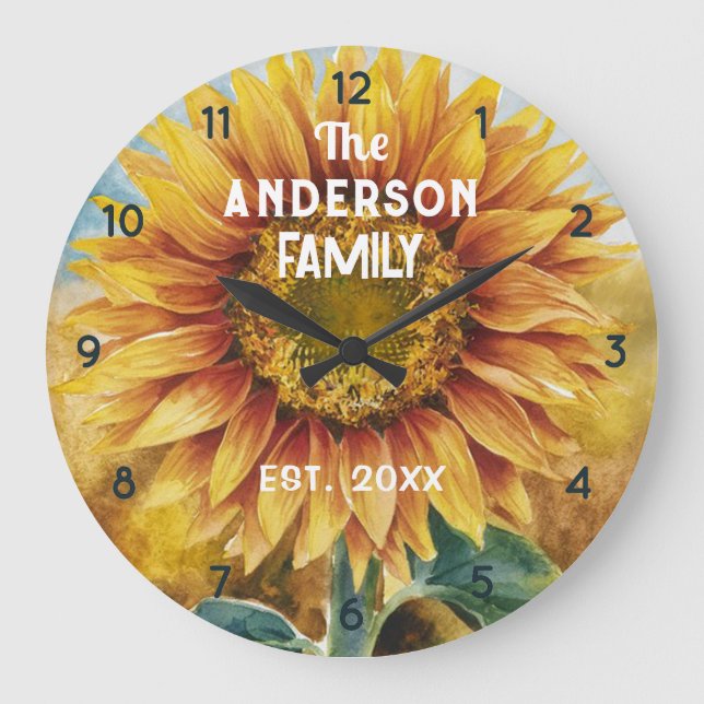 Custom Family Name Farmhous Sunflower Watercolor   Large Clock (Front)