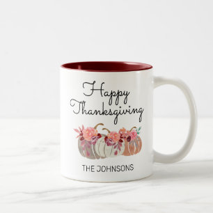 Custom Family Name Floral Pumpkins Thanksgiving Two-Tone Coffee Mug